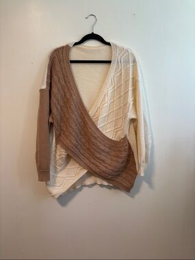 Cozy Two-Tone V-Neck Wrap Cable Knit Sweater - Cream & Tan